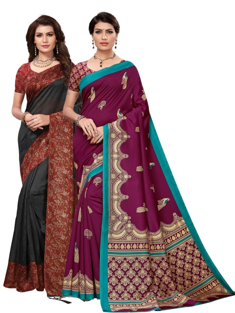 

KALINI Pack of 2 Black & Magenta Ethnic Motifs Art Silk Saree