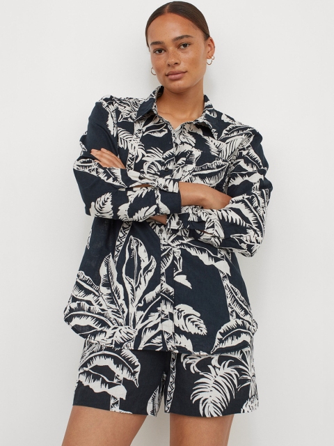 

H&M Women Black & White Tropoical Printed Casual Shirt