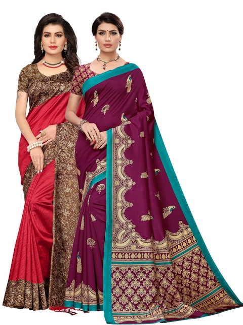

KALINI Pack Of 2 Red & Magenta Ethnic Motifs Art Silk Saree