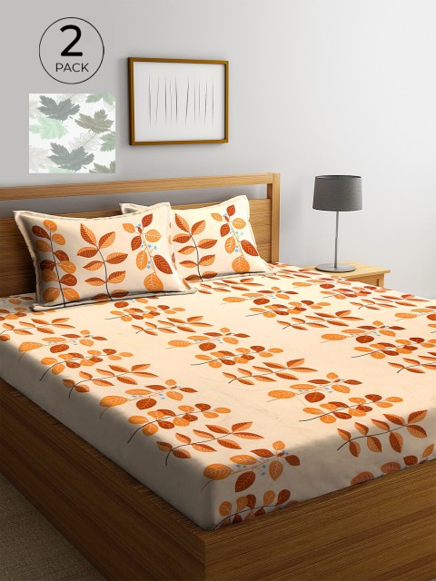 

KLOTTHE Off White & Orange Floral 210 TC 2 King Bedsheet with 4 Pillow Covers