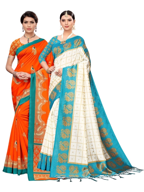 

KALINI Pack of 2 White & Blue Ethnic Motifs Art Silk Saree