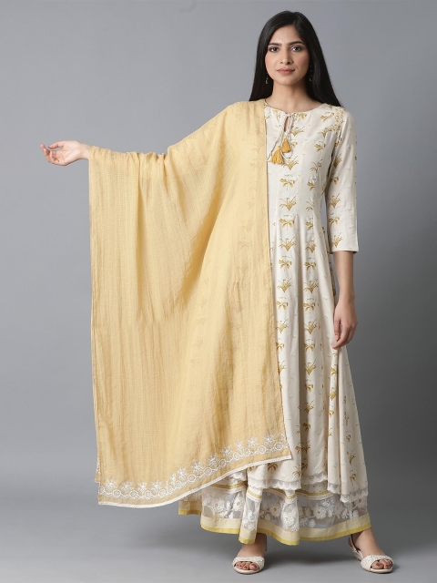 

W Beige Woven Design Viscose Rayon Dupatta with Thread Work