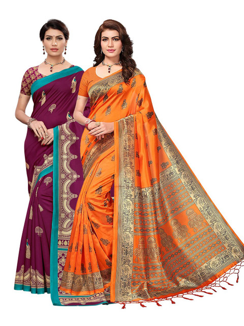 

KALINI Pack Of 2 Orange & Magenta Floral Art Silk Saree