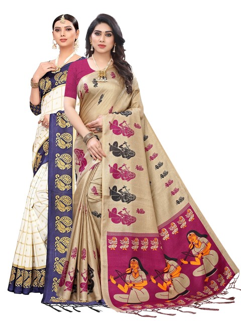 

KALINI Women Magenta & Blue Art Silk Pack of 2 Printed Saree