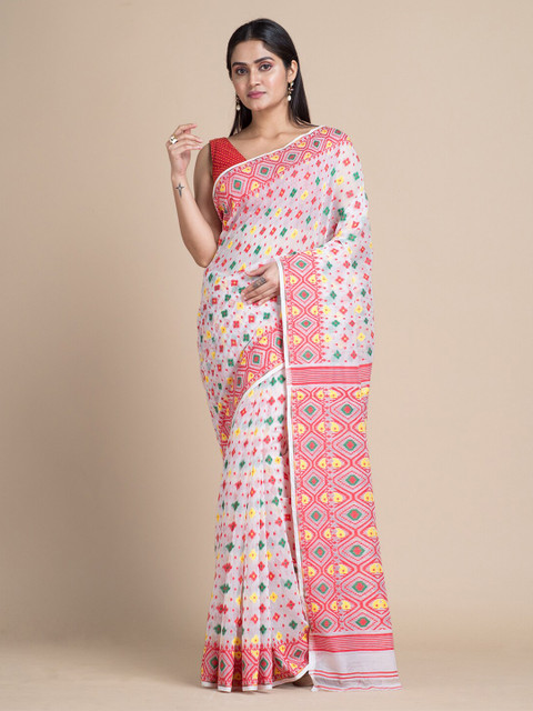 

Mitera White & Green Floral Silk Cotton Jamdani Saree