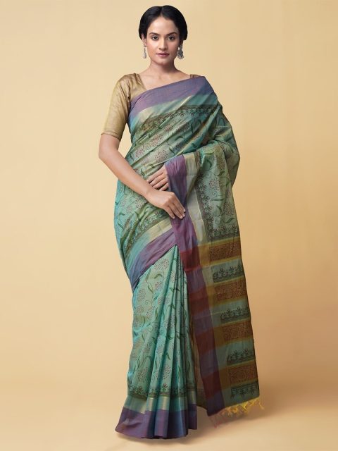 

Unnati Silks Women Green & Purple Pure Vrinda Mangalagiri Cotton Saree, Sea green