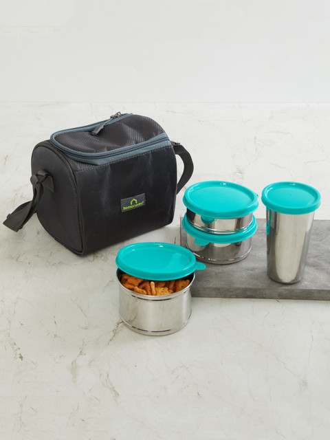 

Home Centre Set Of 4 Blue & Silver-Toned Corsica Solid Lunch Box With Carry Bag