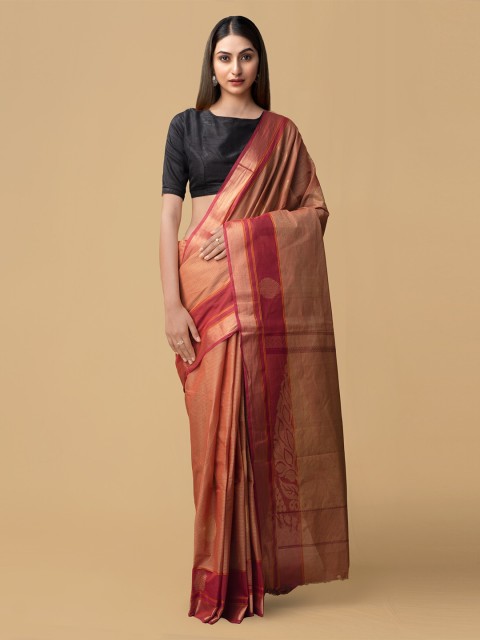 

Unnati Silks Brown & Red Striped Pure Cotton Uppada Saree