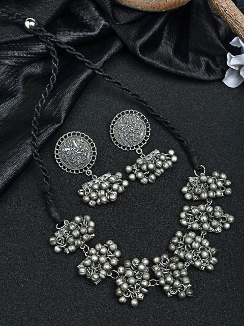

Moedbuille Oxidized Silver-Plated Ghungroo Studded Floral Design Handcrafted Jewellery Set