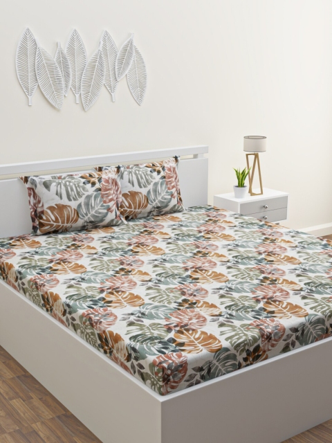 

HOME AFFAIRS White & Brown Floral 220 TC King Bedsheet with 2 Pillow Covers