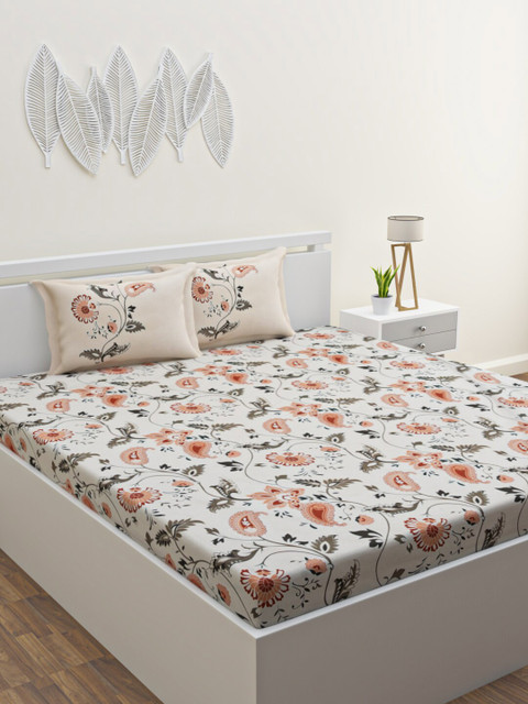 

HOME AFFAIRS Off White & Green Floral 180 TC King Bedsheet with 2 Pillow Covers