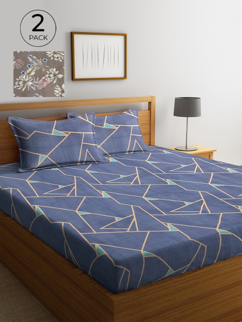 

KLOTTHE Blue & Grey Geometric 210 TC 2 King Bedsheet with 4 Pillow Covers