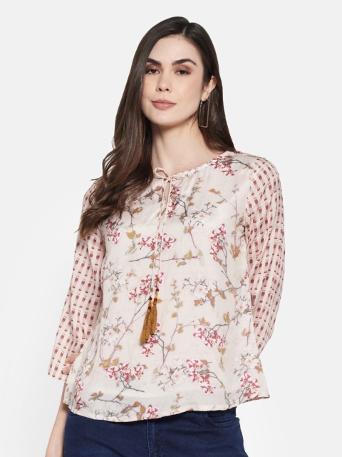 

Monte Carlo Cream Floral Tie-Up Neck Regular Top