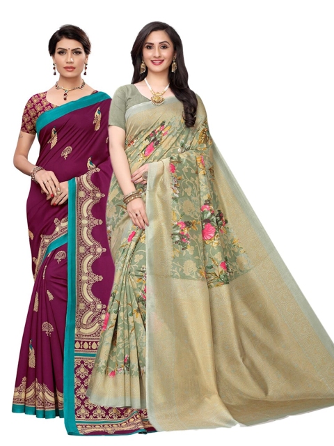 

KALINI Pack Of 2 Green & Magenta Ethnic Motifs Art Silk Saree