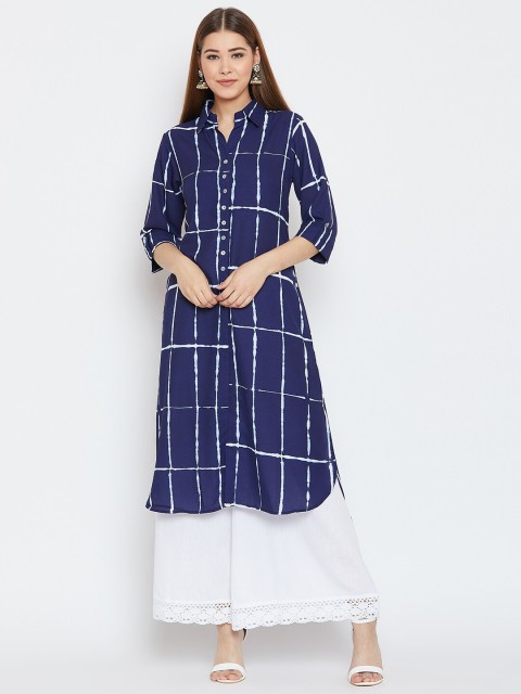 

One of a Kind Women Navy Blue & White Checked Indigo Kurta