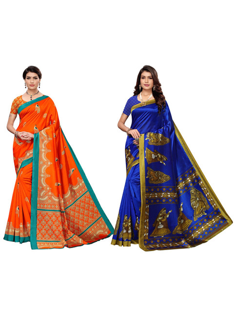 

KALINI Women Orange & Blue Art Silk Pack of 2 Printed Saree