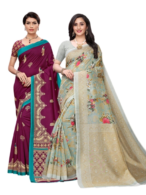 

KALINI Pack of 2 Grey & Burgundy Floral Art Silk Saree