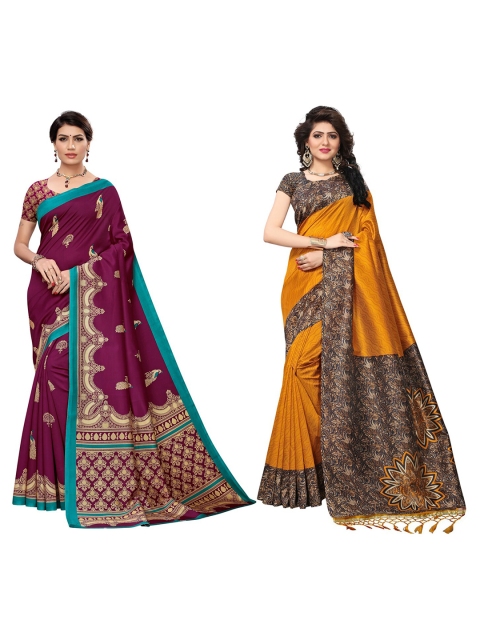 

KALINI Pack Of 2 Yellow & Burgundy Ethnic Motifs Art Silk Saree