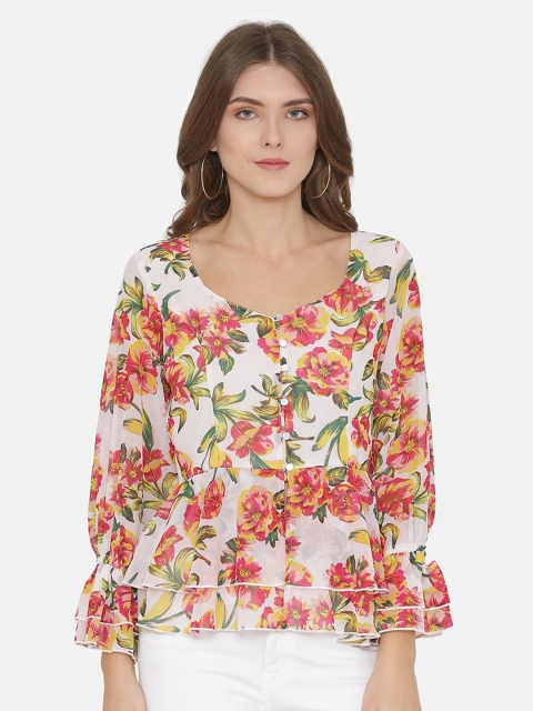 

Yaadleen White & Pink Floral Bell Sleeve Georgette Peplum Top