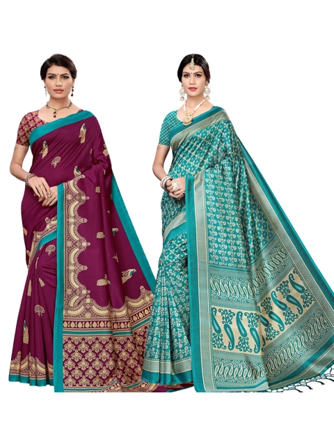 

KALINI Pack Of 2 Sea Green & Magenta Ethnic Motifs Art Silk Saree