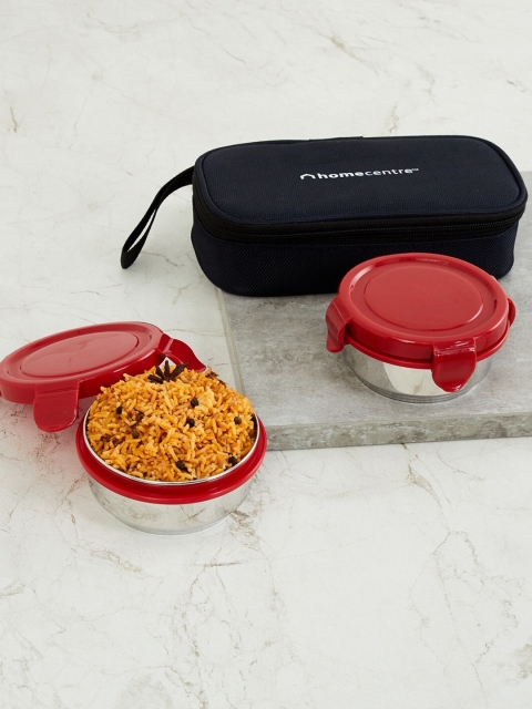 

Home Centre Set Of 2 Red & Silver-Toned Lunch Boxes With Bag