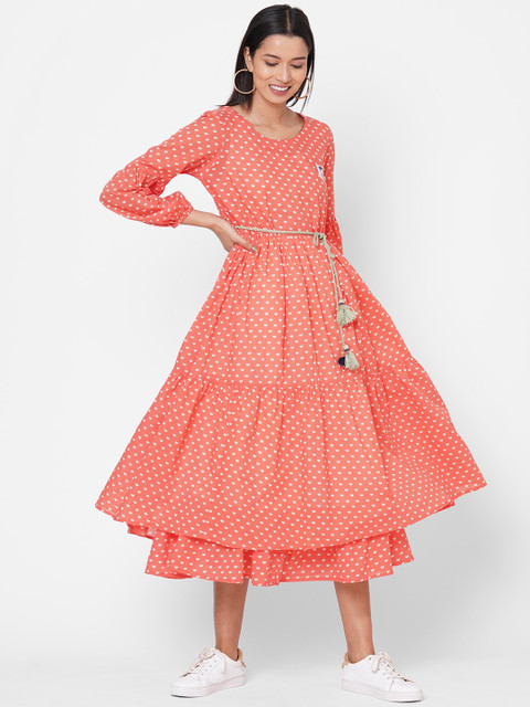 

ZOLA Peach Midi Tiered Cotton Dress