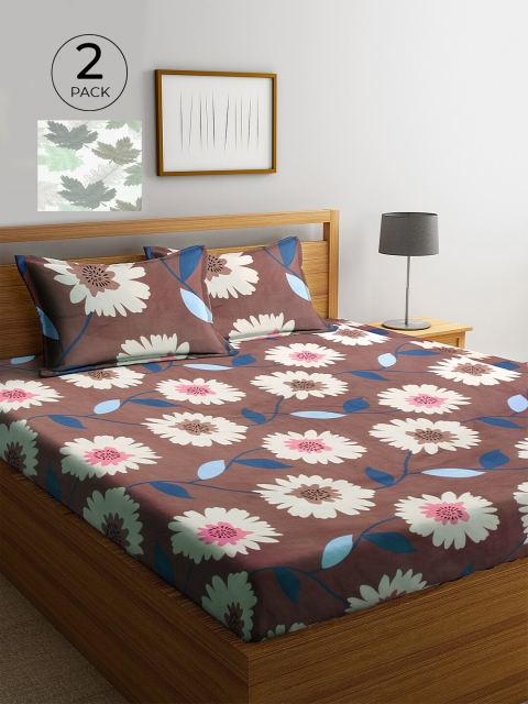 

KLOTTHE Brown & White Floral 210 TC 2 King Bedsheet with 4 Pillow Covers