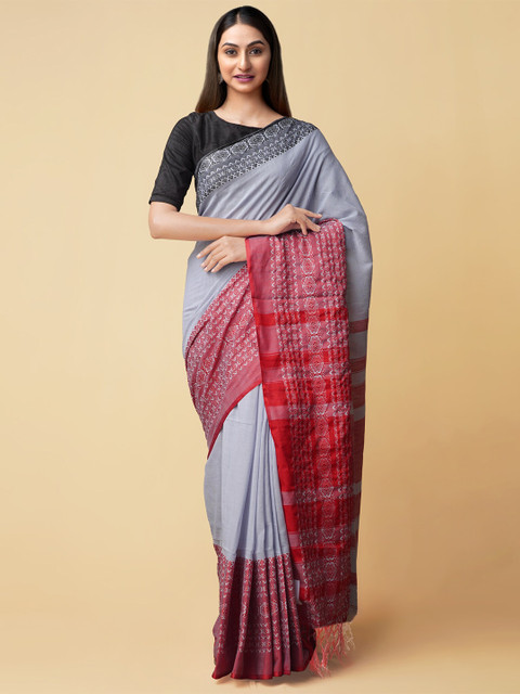 

Unnati Silks Grey & Red Woven Design Pure Linen Baluchari Saree