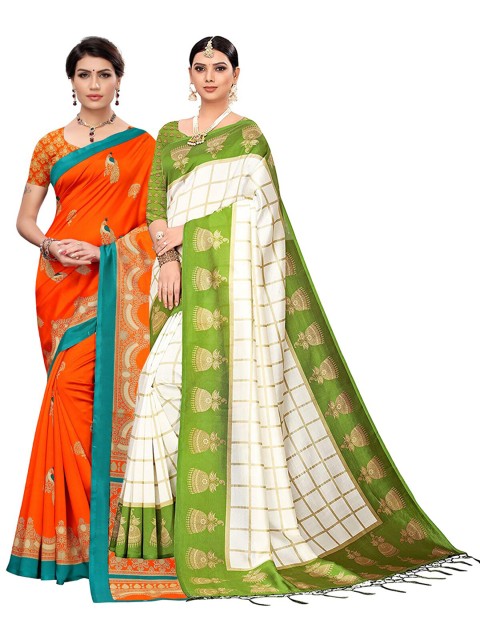 

KALINI Pack Of 2 White & Olive Green Checked Art Silk Saree