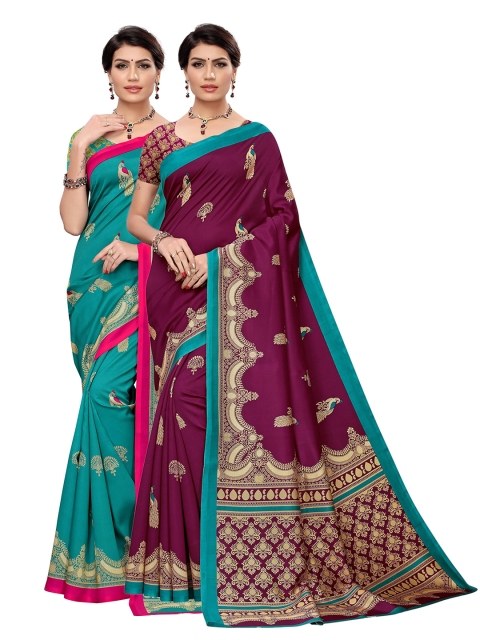 KALINI Pack Of 2 Ethnic Motifs Art Silk Sarees, Sea green