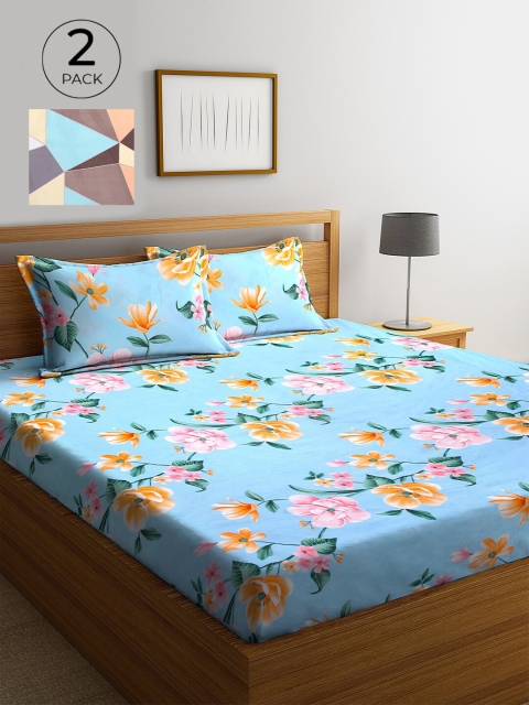

KLOTTHE Set of 2 Printed 210 TC King Bedsheet With 4 Pillow Covers, Turquoise blue
