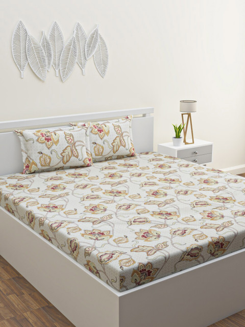

HOME AFFAIRS Beige Floral 220 TC Premium King Size Bedsheet with 2 Pillow Covers, Off white
