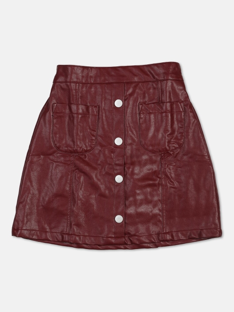 

Nins Moda Girls Maroon Solid A-Line Leather Mini Skirt