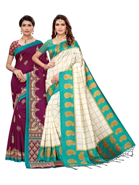 

KALINI Pack Of 2 Art Silk Sarees, White