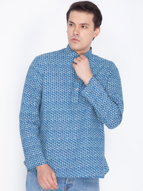 

VASTRAMAY Men Blue Geometric Printed Thread Work Kurta