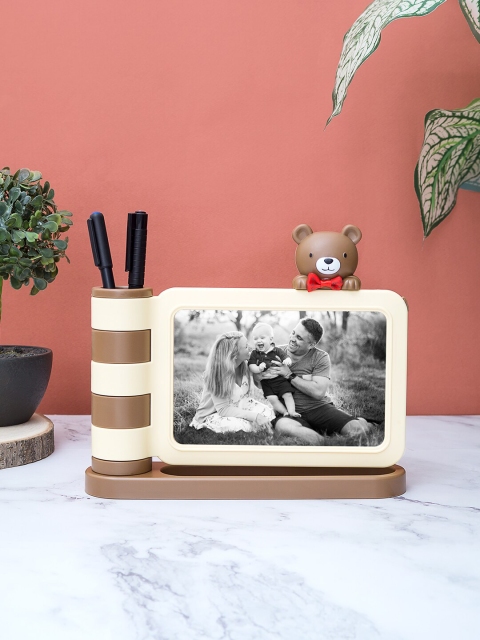 

Golden Peacock Brown & Cream-Coloured Teddy Bear Photo Frame With Pen Holder
