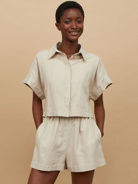 

H&M Women Beige Cropped Linen Blend Shirt