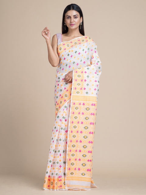 

Mitera White & Yellow Woven Design Silk Cotton Jamdani Saree