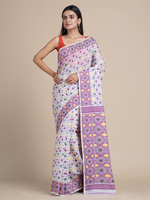 

Mitera Women White & Purple Woven Design Jamdani Saree