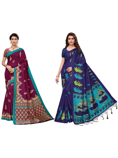 

KALINI Pack of 2 Navy Blue & Burgundy Ethnic Motifs Art Silk Saree