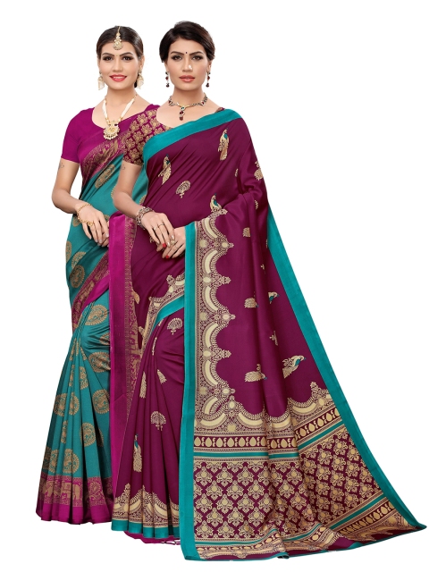 

KALINI Pack Of 2 Sea Green & Magenta Ethnic Motifs Art Silk Saree
