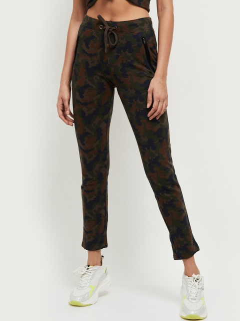 

max Women Olive-Green & Brown Camouflage Printed Pure Cotton Track Pants