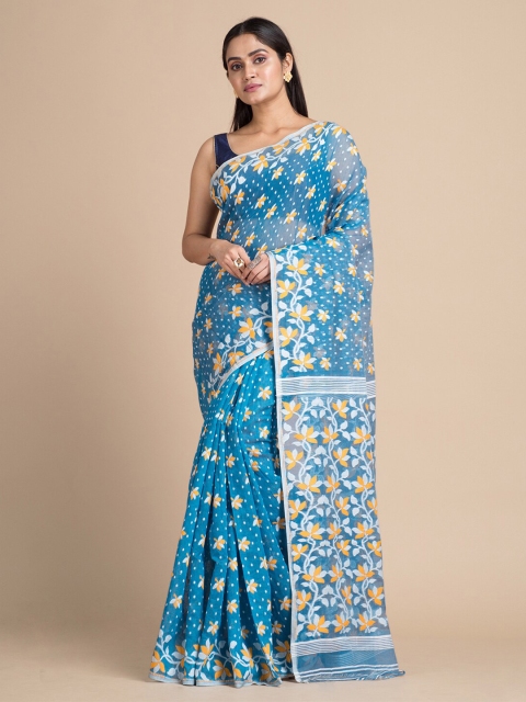 

Mitera Teal & Yellow Floral Silk Cotton Jamdani Saree