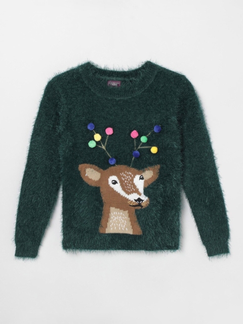 

max Girls Green & Brown Pullover with Applique Detail