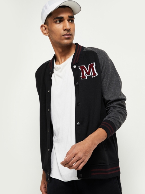 

max Men Black Colourblocked Varsity Jacket with Patchwork