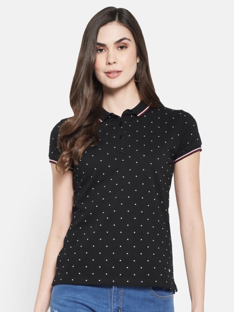 Monte Carlo Women Black Printed Polo Collar T-shirt
