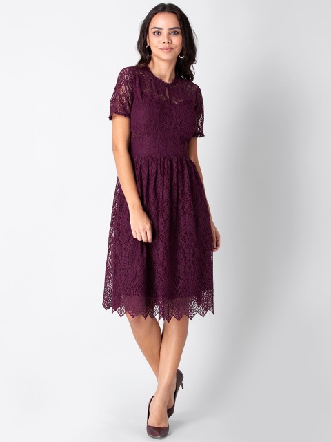 

FabAlley Women Burgundy Floral Lace Midi Dress