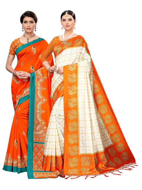 

KALINI Women Orange & Off White Art Silk Pack of 2 Printed Saree