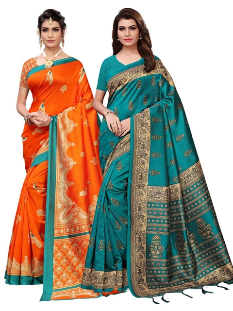KALINI Women Orange & Green Art Silk Pack of 2 Printed Saree