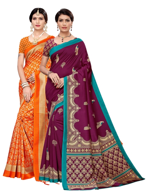 

KALINI Pack of 2 Orange & Burgundy Ethnic Motifs Art Silk Saree